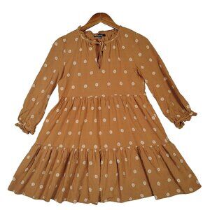 Madewell Mini Dress Womens XS Warm Hickory Bloom Dot Tiered Tie-Neck A-Line Boho